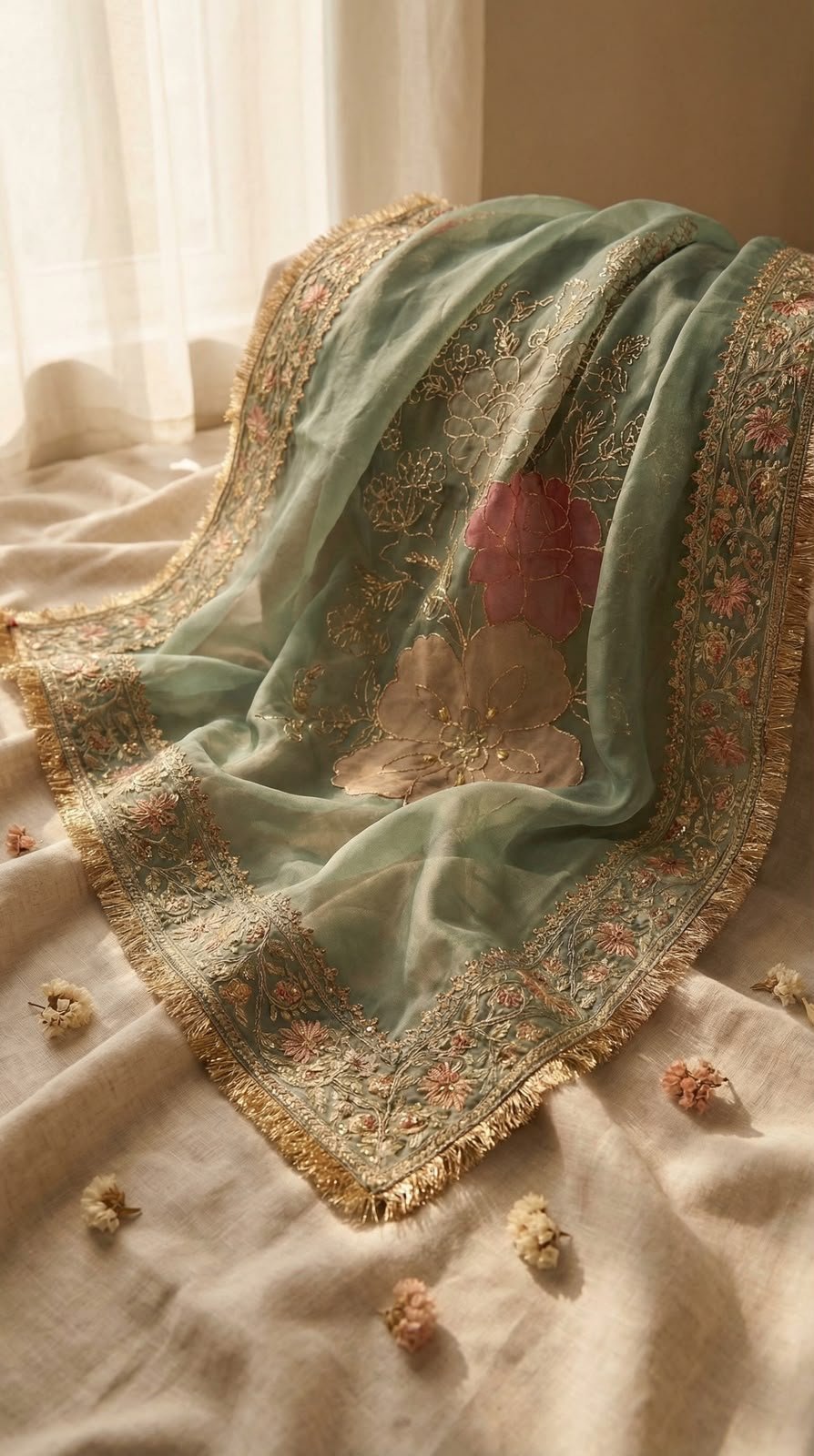 Bridal dupatta — sage hand-embroidered dupatta with floral appliqué