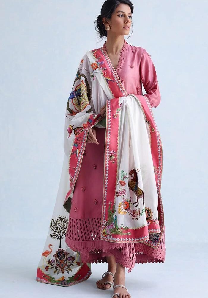 Ivory Pashmina Shawl with Appliqué Borders