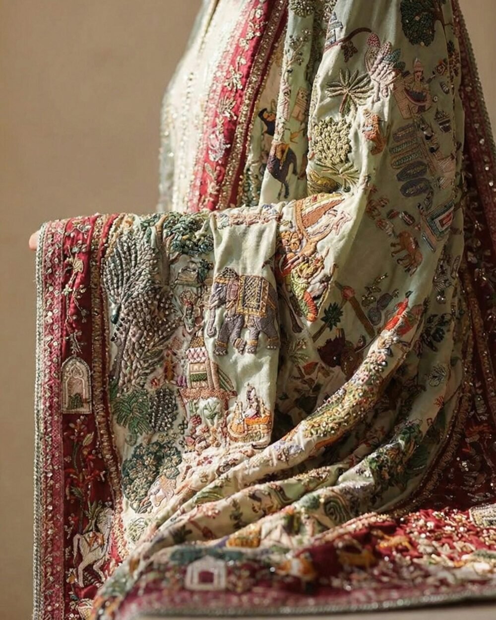 Mint Jamawar Appliqué Bridal Shawl