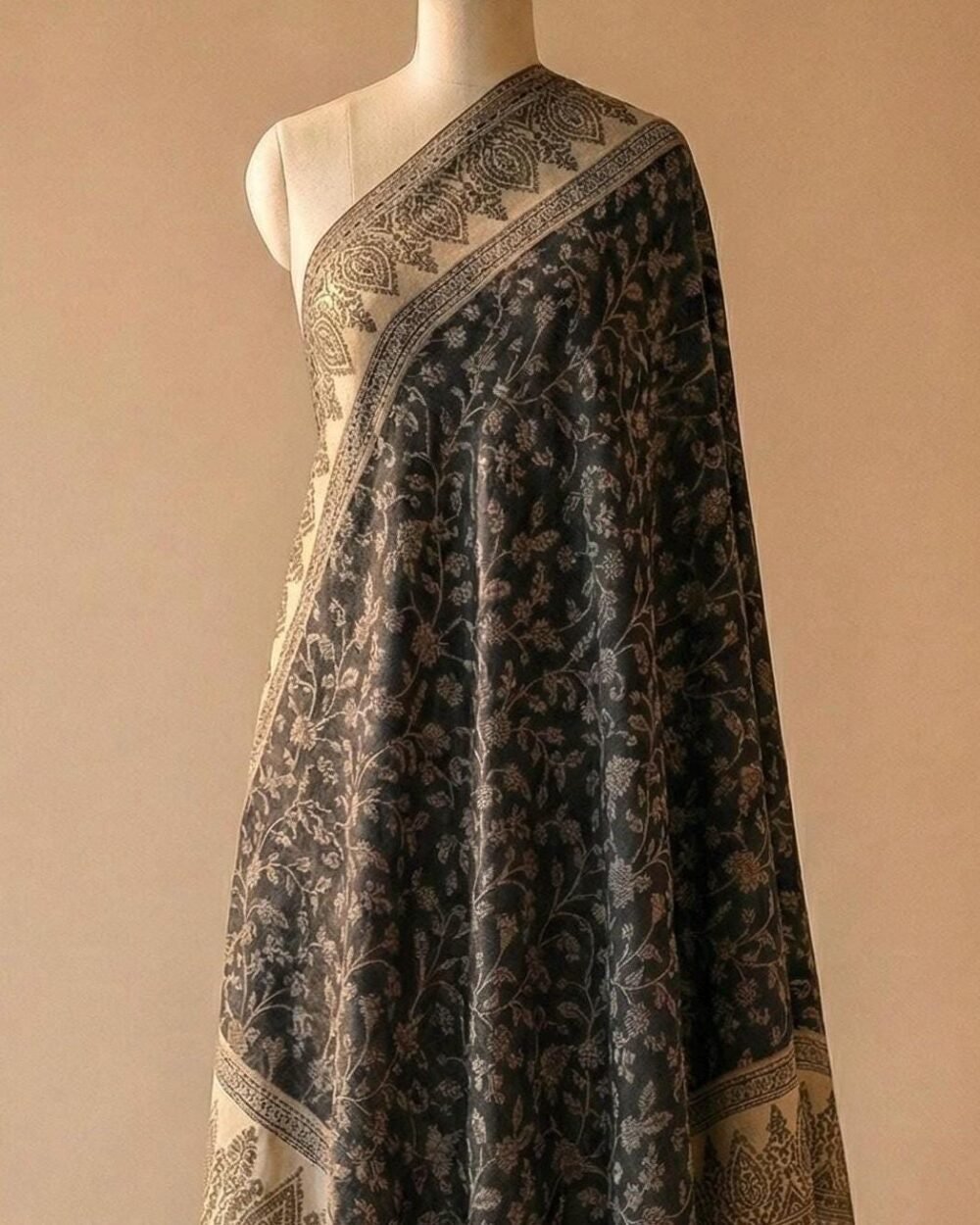 Black and Beige Kashmiri Pashmina Shawl