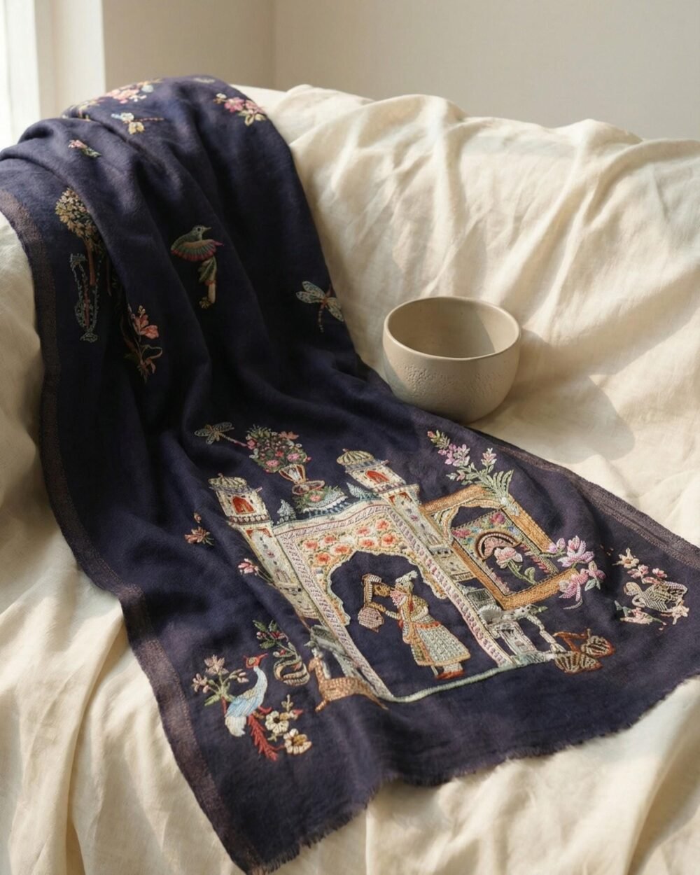 Blue Mughal Embroidered Pashmina Shawl