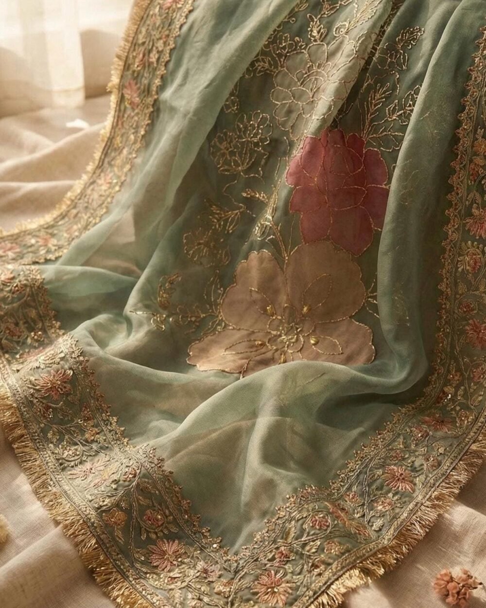 Sea Green Hand-Painted Nikkah Dupatta
