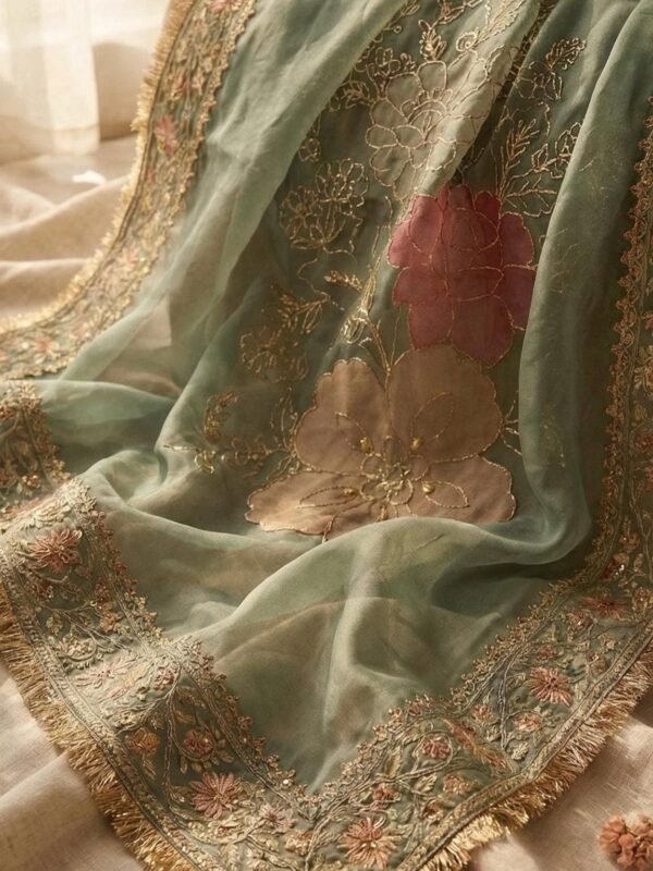 Sea Green Hand-Painted Nikkah Dupatta