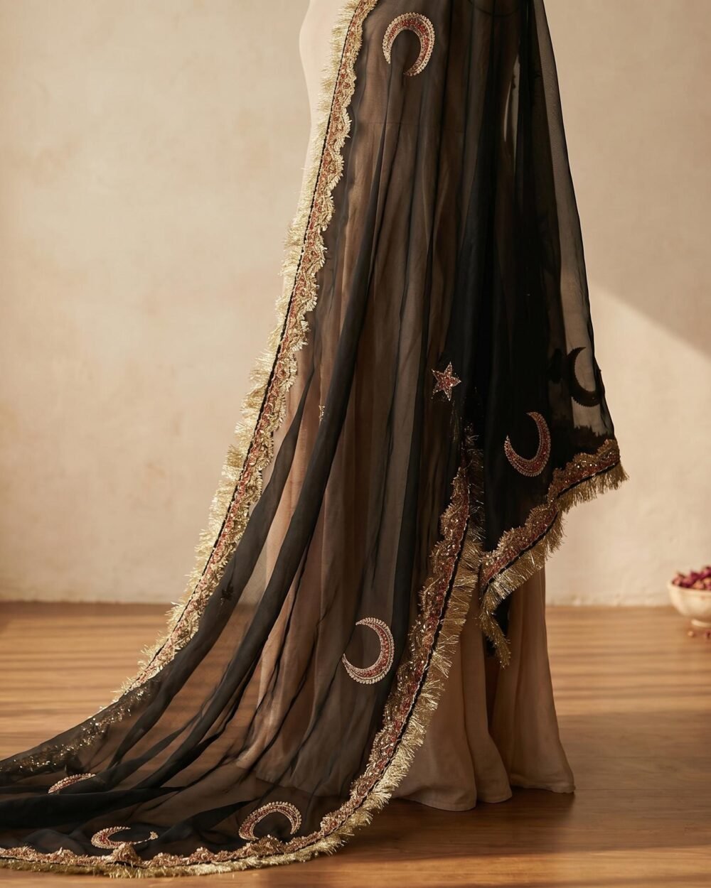 Black Moon and Star Organza Bridal Dupatta
