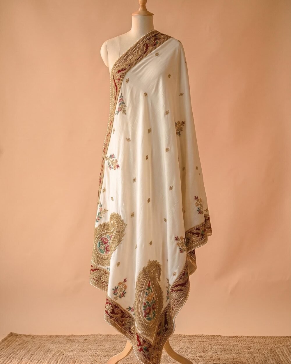 White Silk Zardozi Bridal Shawl