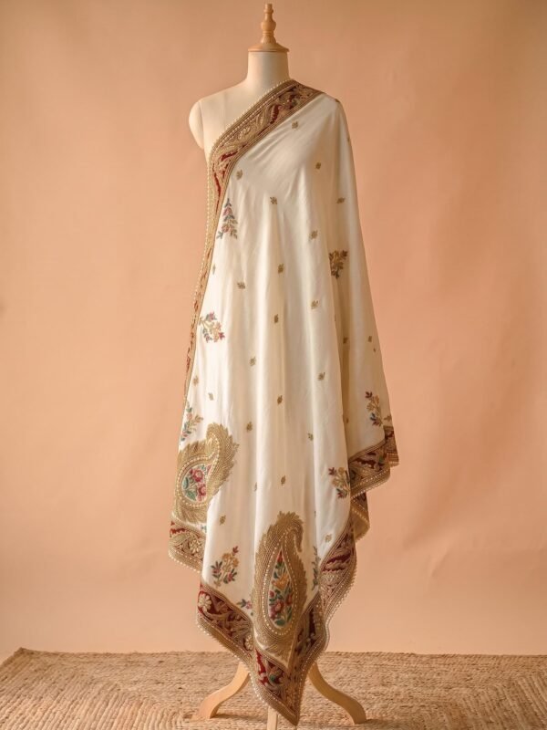 White Silk Zardozi Bridal Shawl