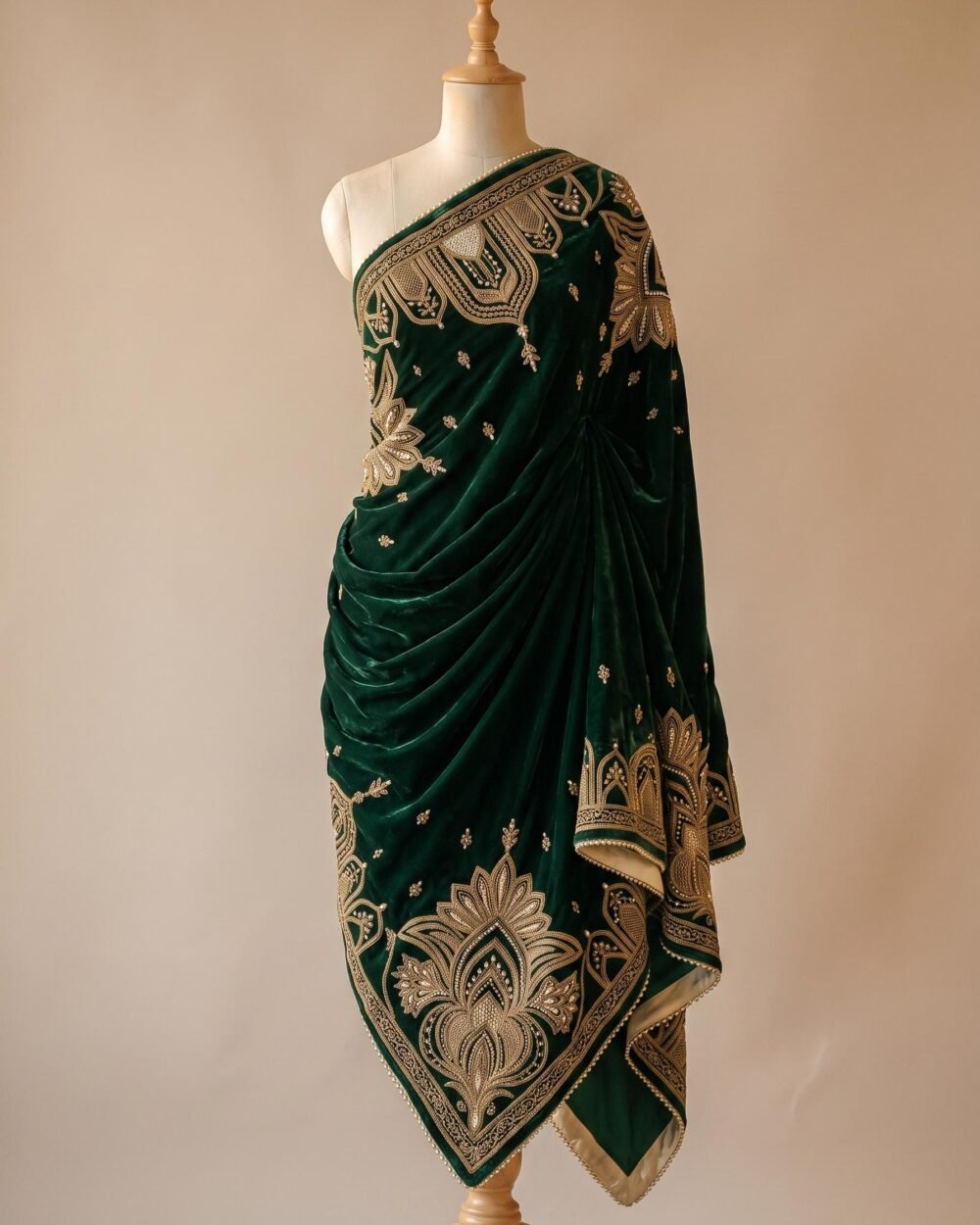 Olive Velvet Shawl with Gold Embroidery