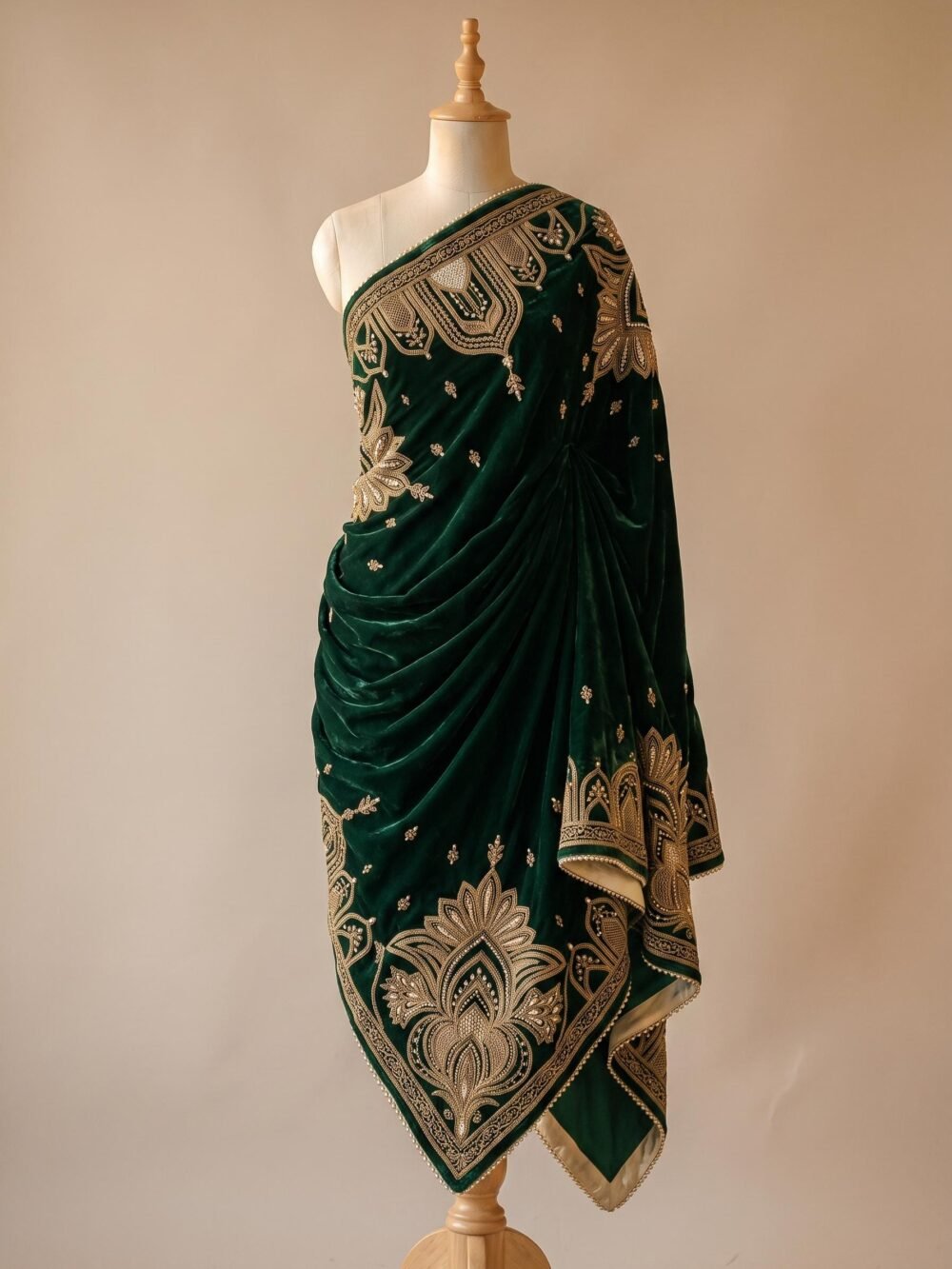 Olive Velvet Shawl with Gold Embroidery