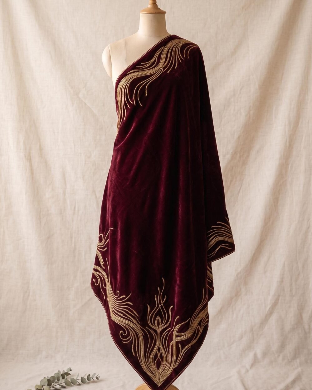 Burgundy Velvet Shawl with Dabka Embroidery