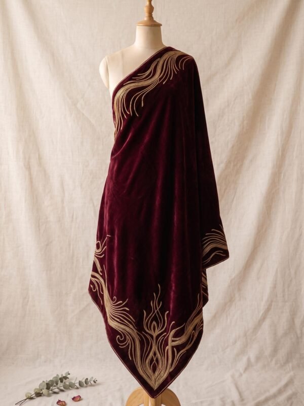 Burgundy Velvet Shawl with Dabka Embroidery