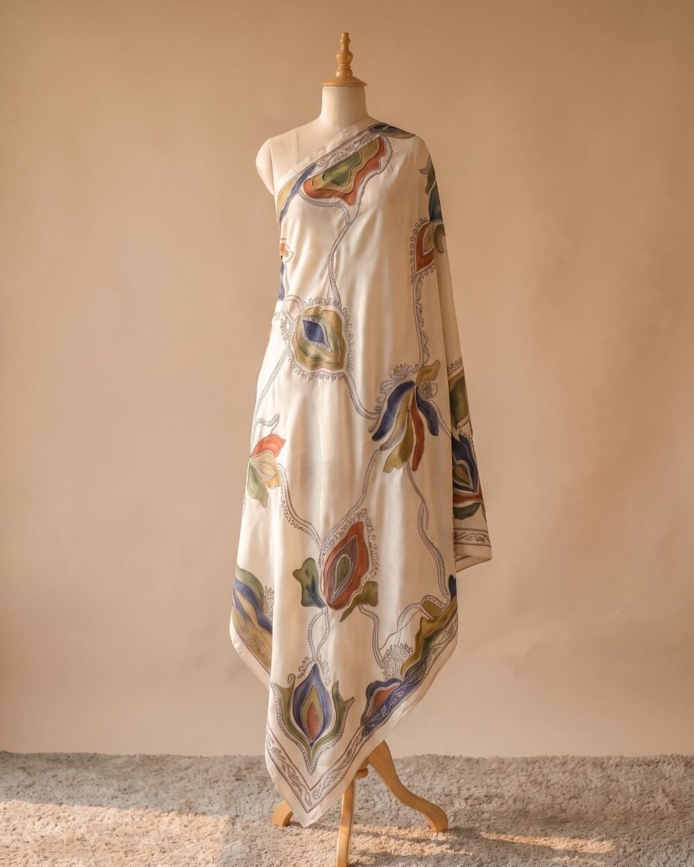 Embroidered Silk Shawl with Floral Appliqué