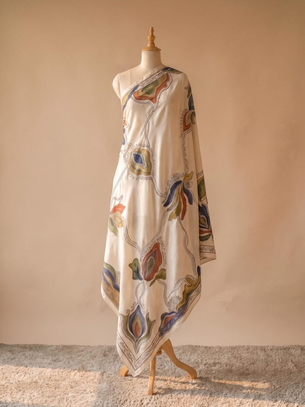 Embroidered Silk Shawl with Floral Appliqué
