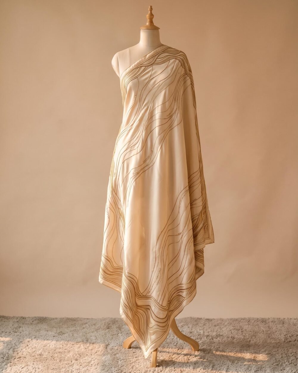 Ivory Silk Shawl with Naqshi and Pearl Work