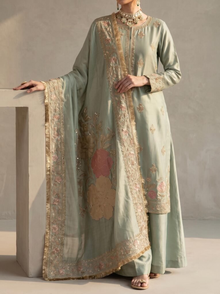 Sabz Gulab — Sea Green Silk Suit with Organza Dupatta