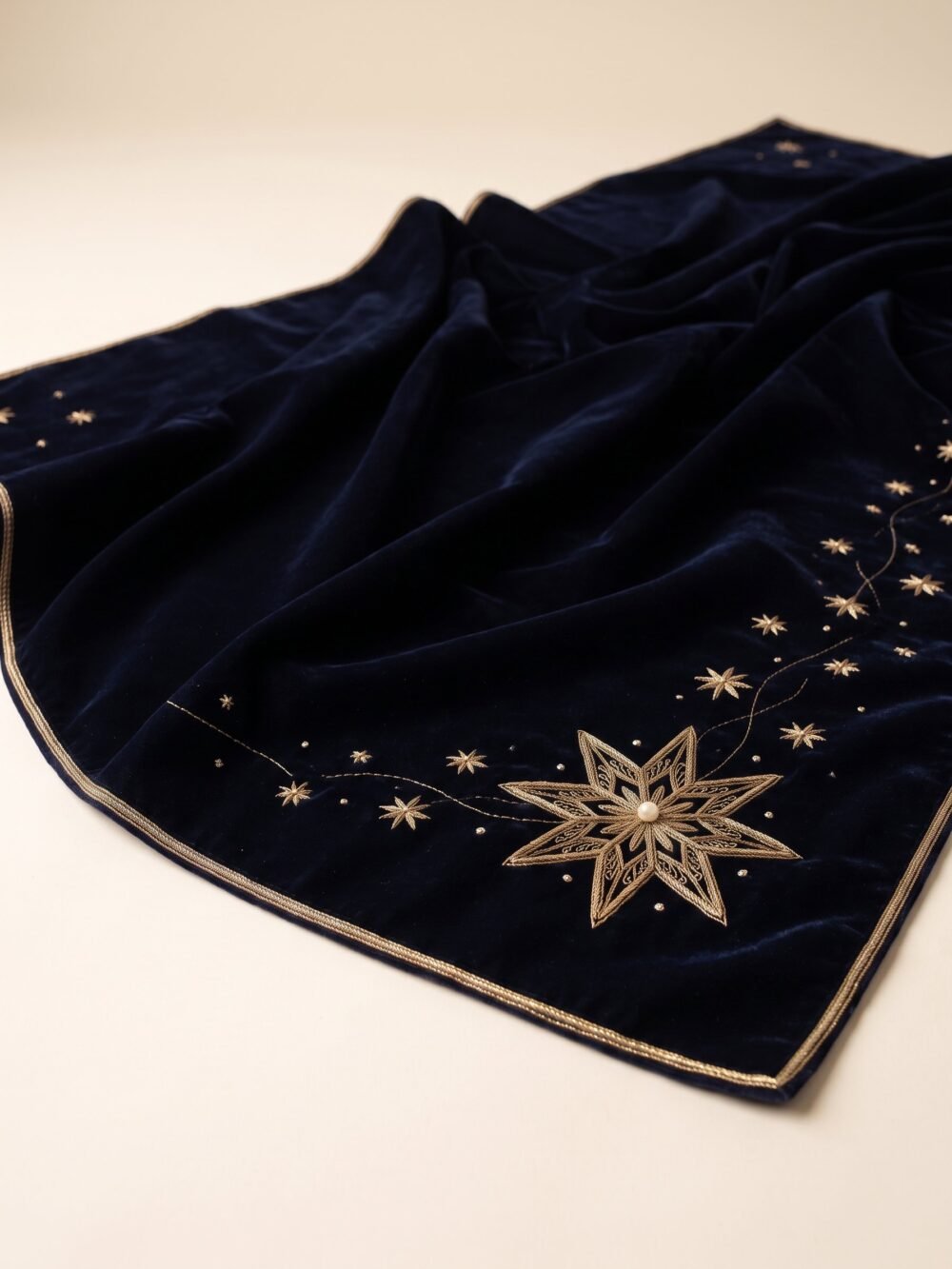 Angled view of The Christmas Eve Star, gold border cord