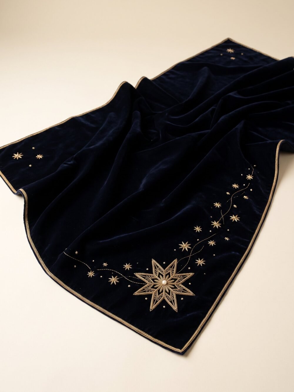 The Christmas Eve Star laid at an angle, star trail across the cloth