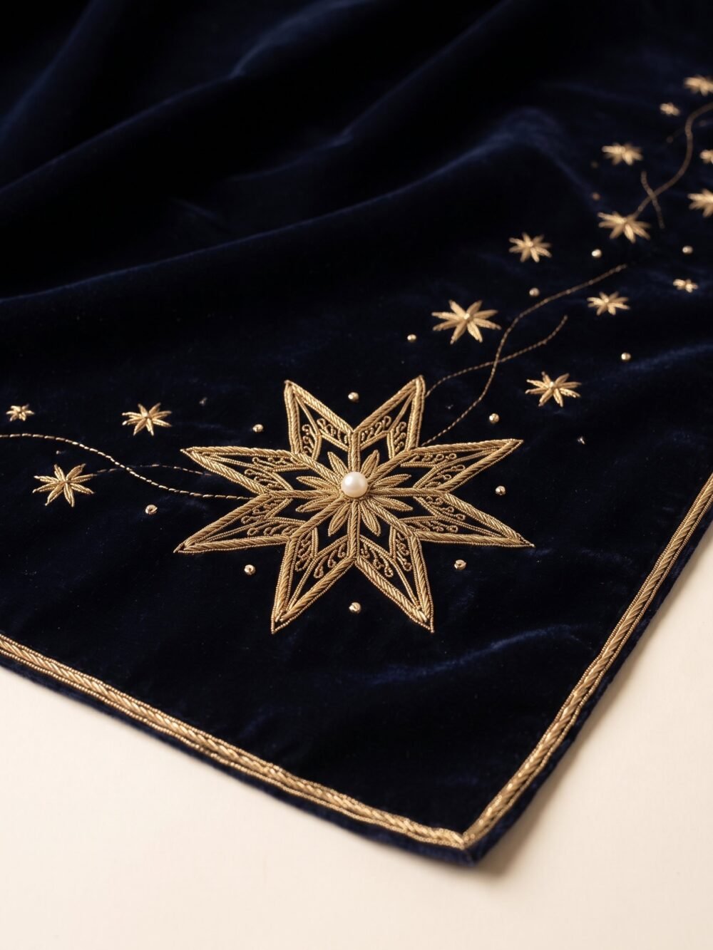 Close-up of the gold eight-point star with pearl centre