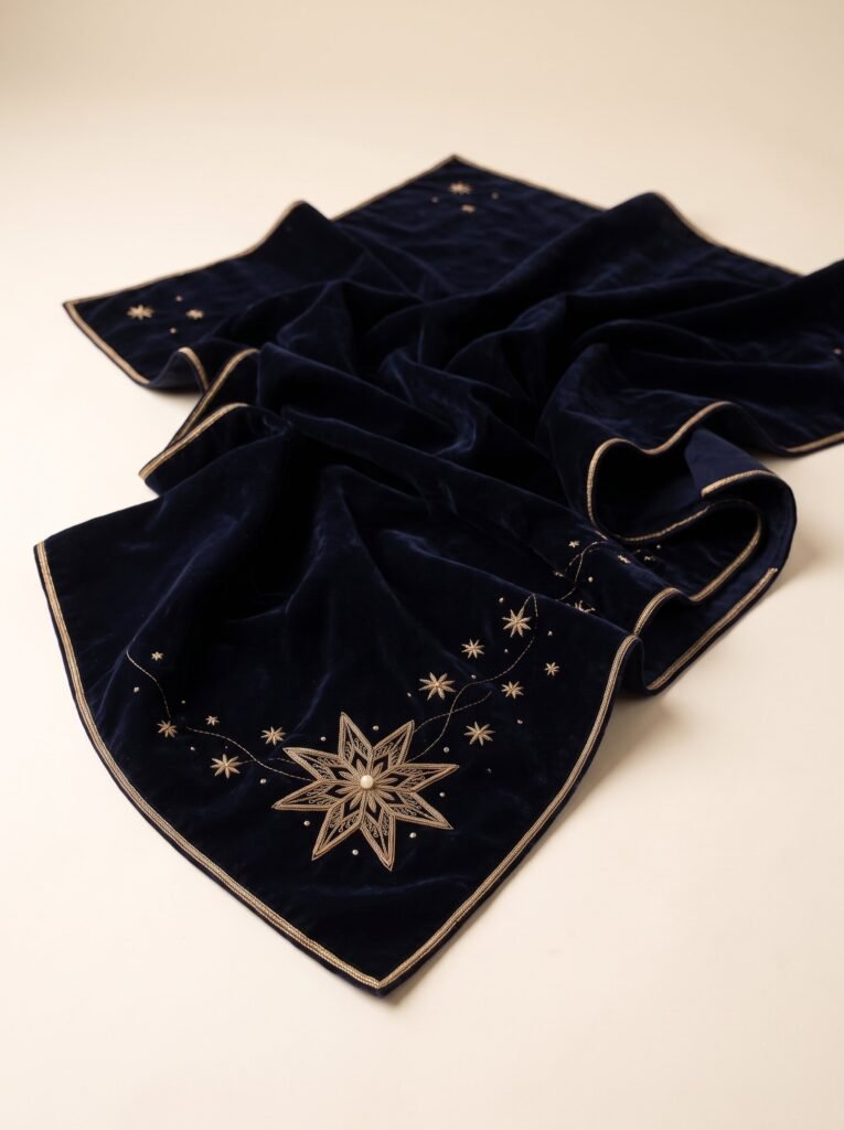 The Christmas Eve Star — midnight navy velvet shawl, full drape