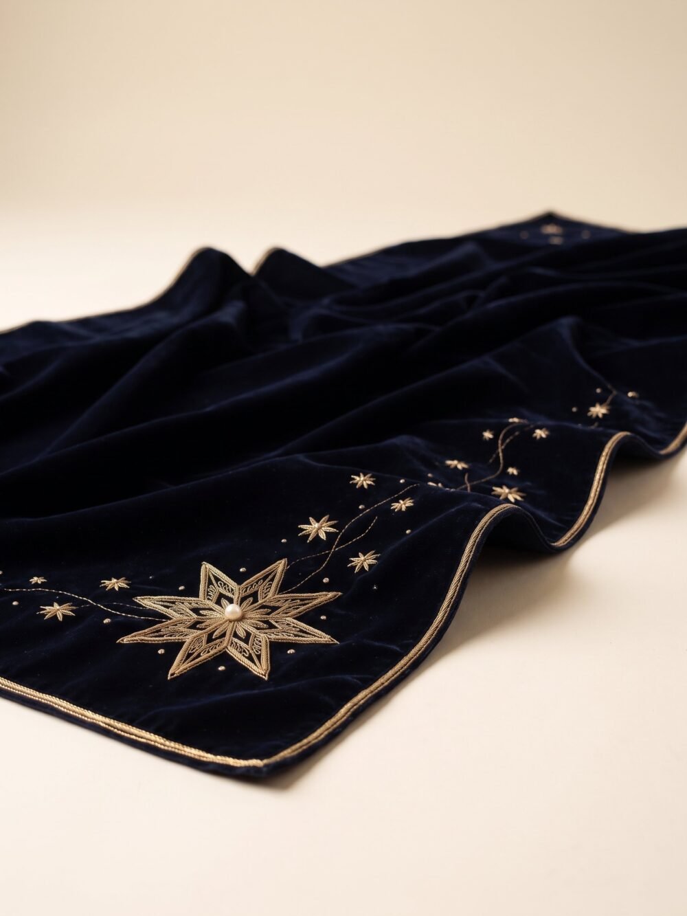 Midnight navy velvet draping with gold star embroidery