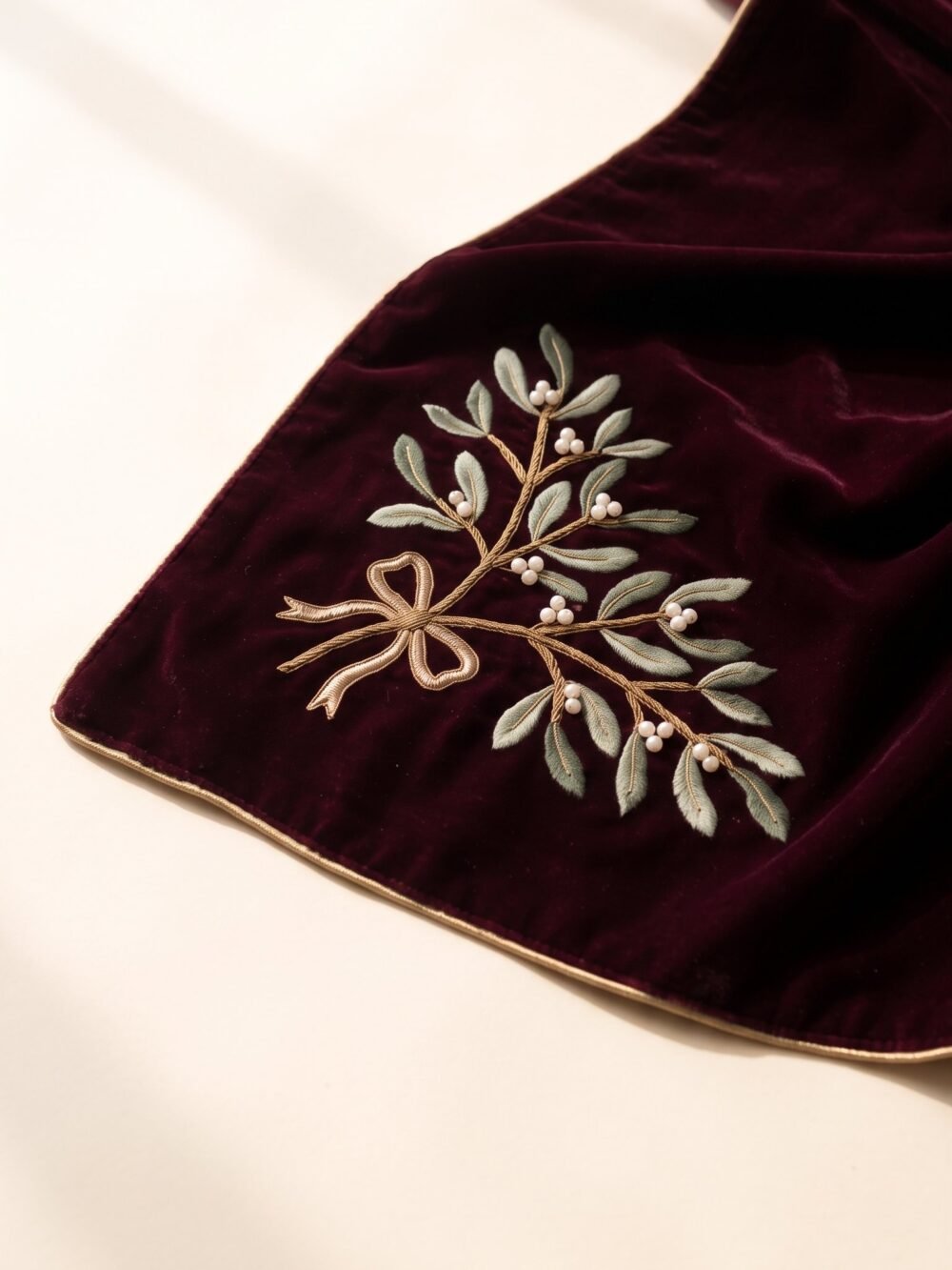 Angled view of The Mistletoe Kiss, gold edge trim