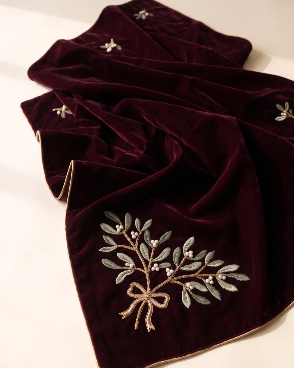 The Mistletoe Kiss — deep burgundy velvet shawl, full drape