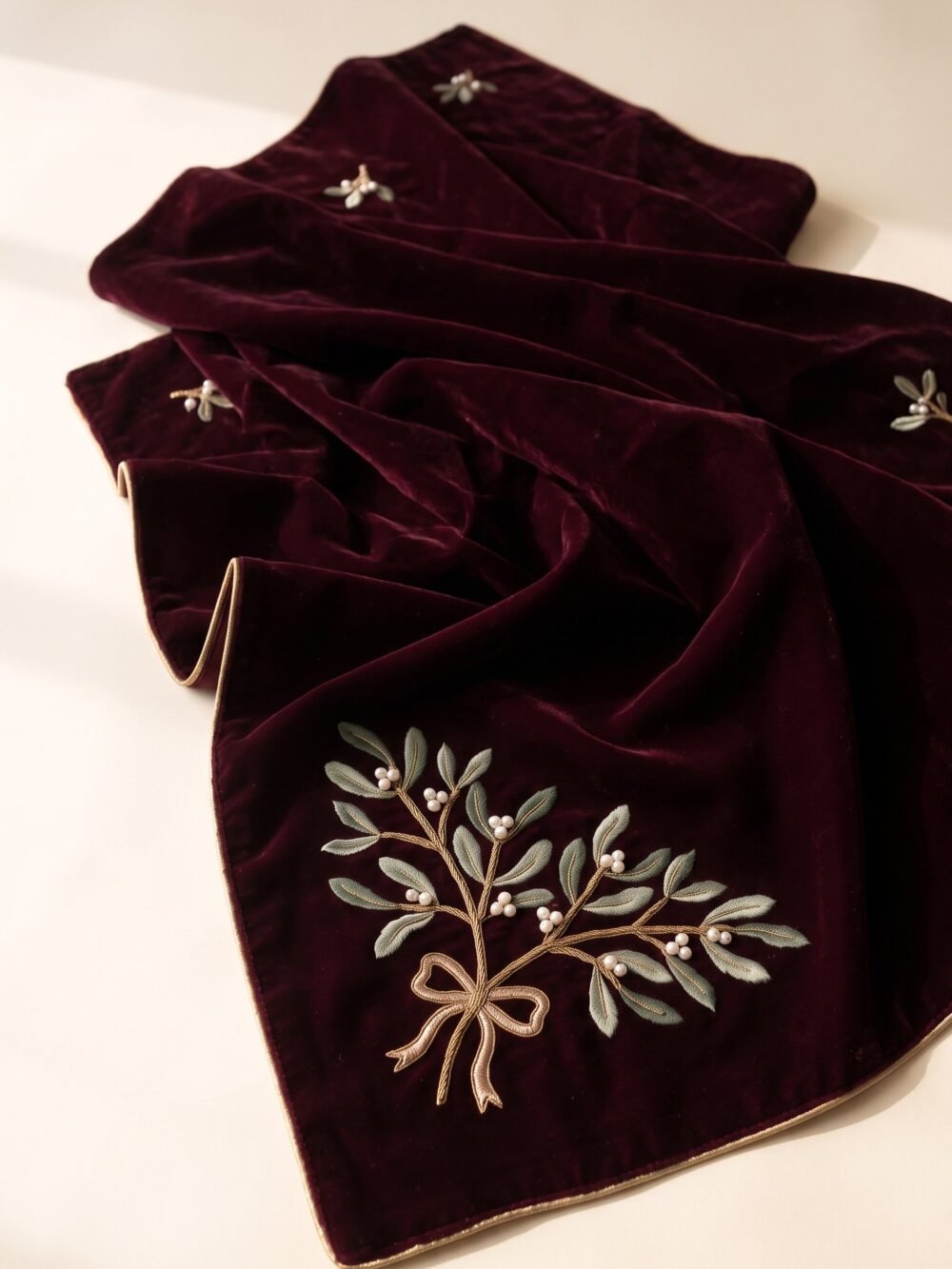 The Mistletoe Kiss — deep burgundy velvet shawl, full drape