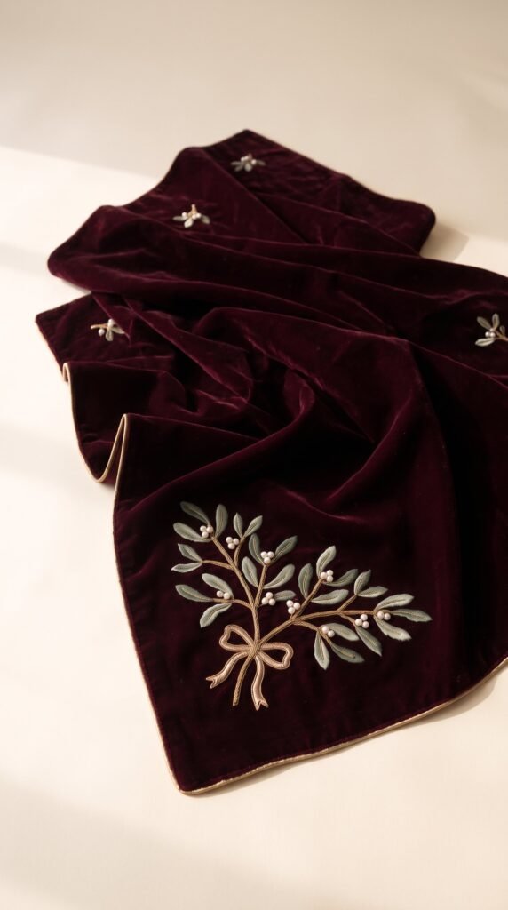 The Mistletoe Kiss — deep burgundy velvet shawl, full drape