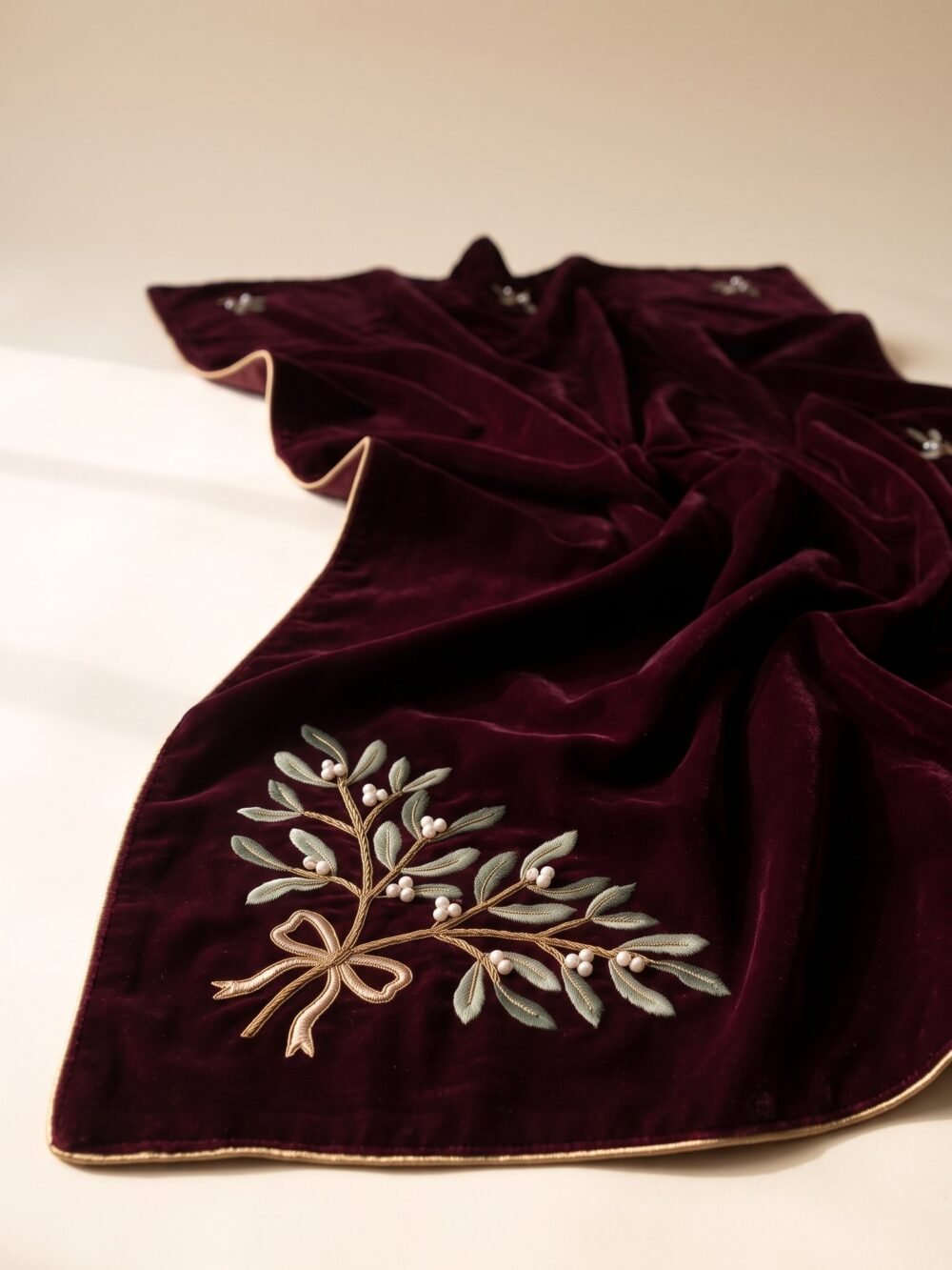 The Mistletoe Kiss laid at an angle, mistletoe sprig across the cloth