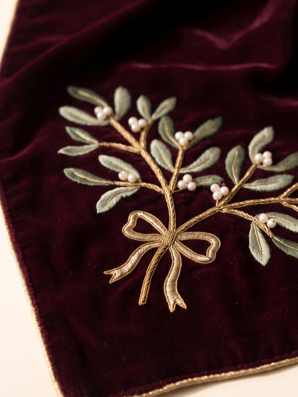 Close-up of the mistletoe sprig with pearl berries and gold bow