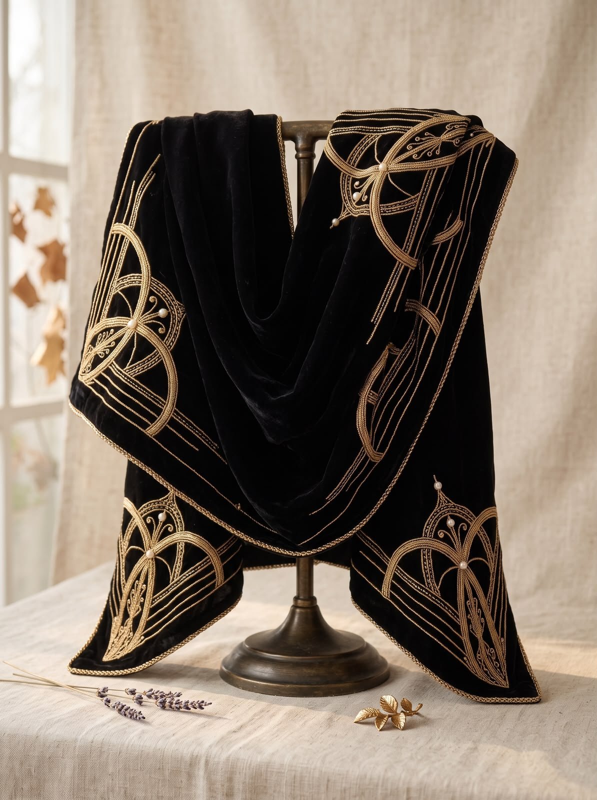 Women's Shawls — black velvet shawl with gold hand embroidery